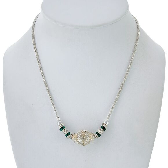 Vintage Artisan Sterling Silver 925 Green Enamel Beaded Wheat Chain Necklace 16" - Picture 1 of 5